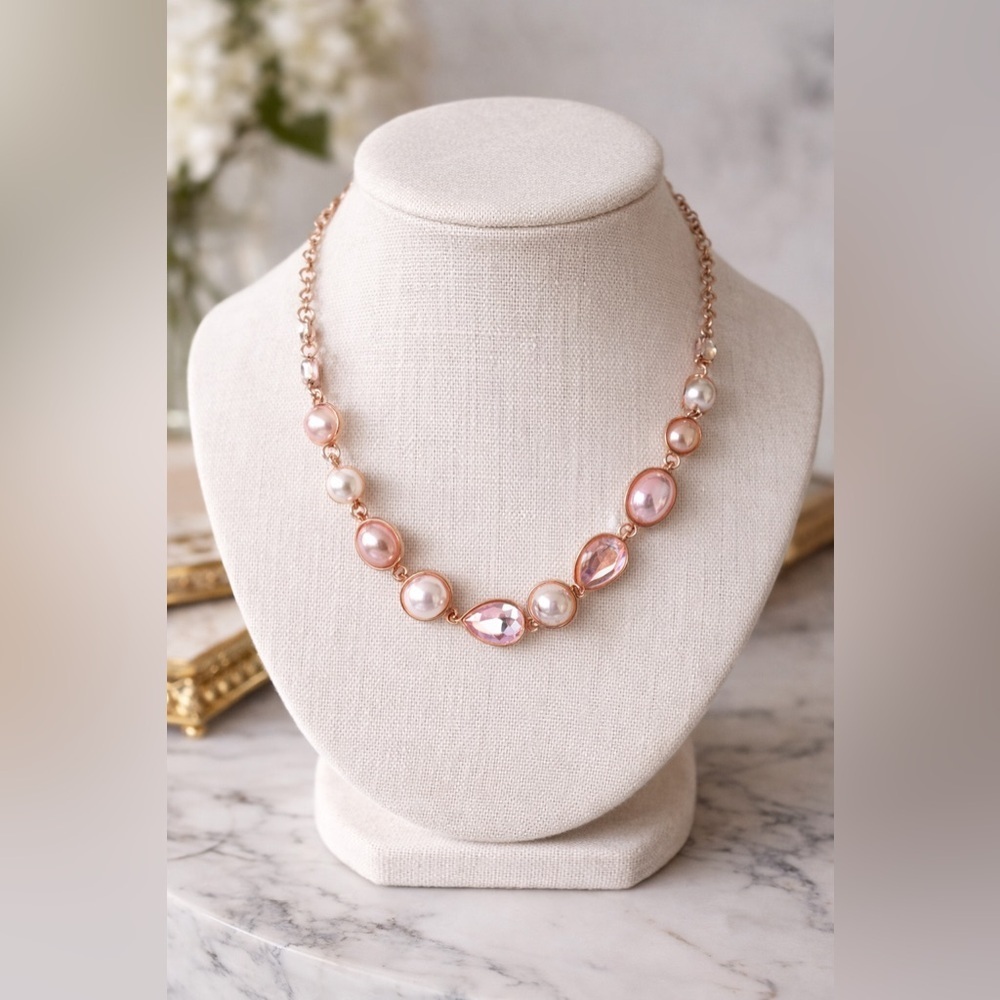Pink Crystal Pearl Statement Necklace Rose Gold Tone Elegant Jewelry